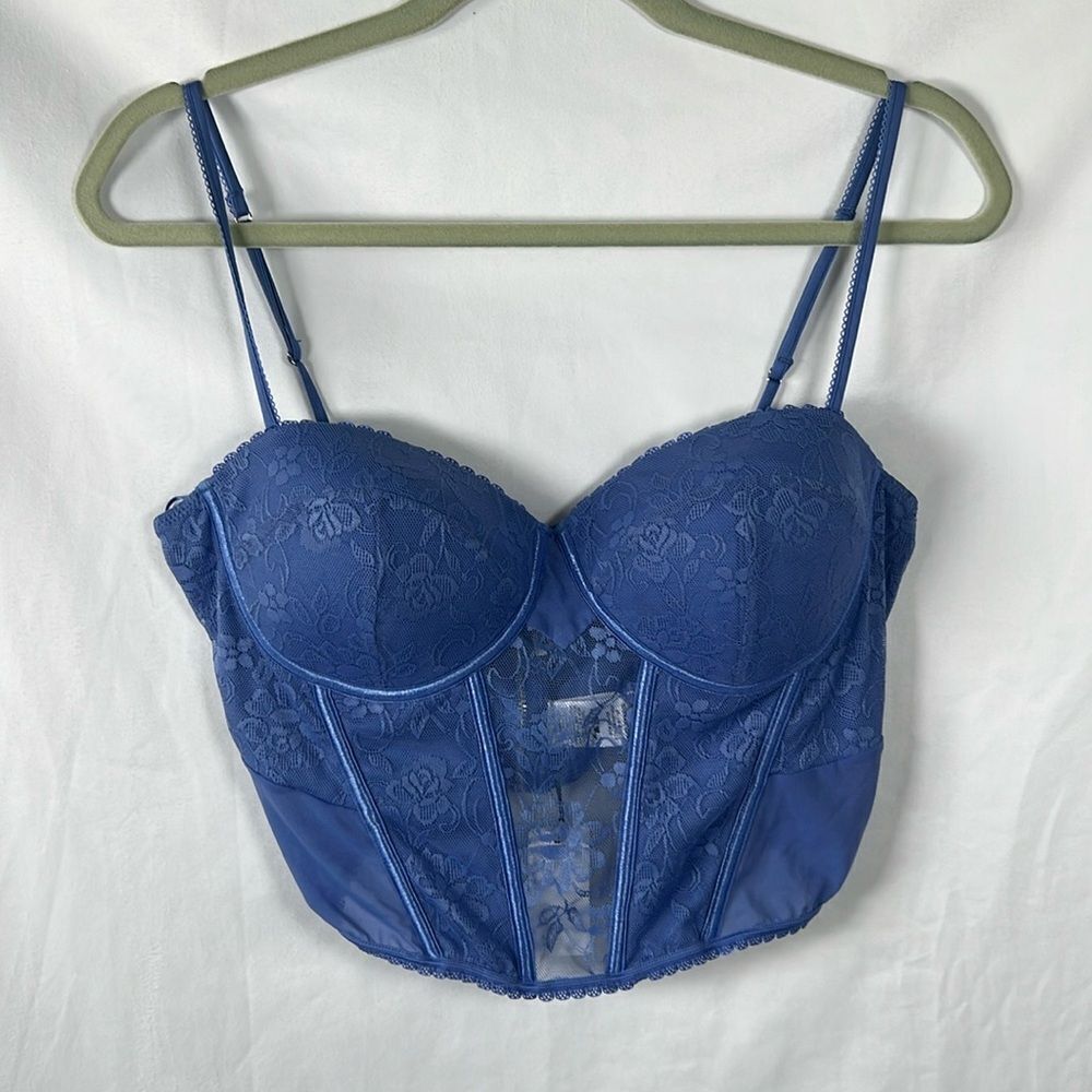 Hunter and Brown Blue Corset Zip up Bra Lace size XL NWT